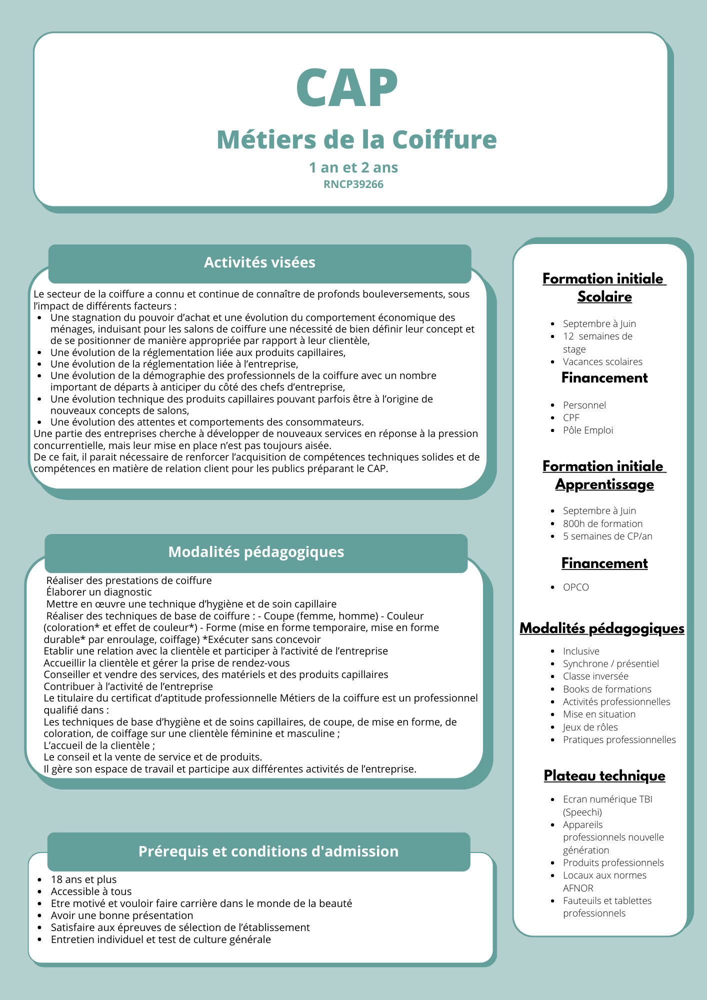 Dépliant CAP Métiers de la Coiffure avec titres turquoise, encadrés blancs et colonne de formation à droite