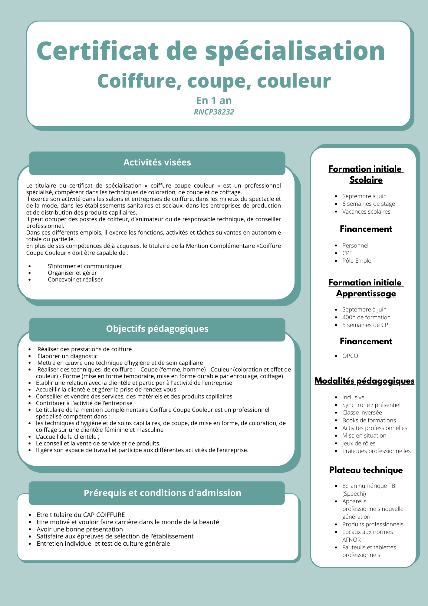 Certificat de spécialisation français en coiffure, avec des encadrés de titre turquoise et une mise en page présentant le programme du cours.
