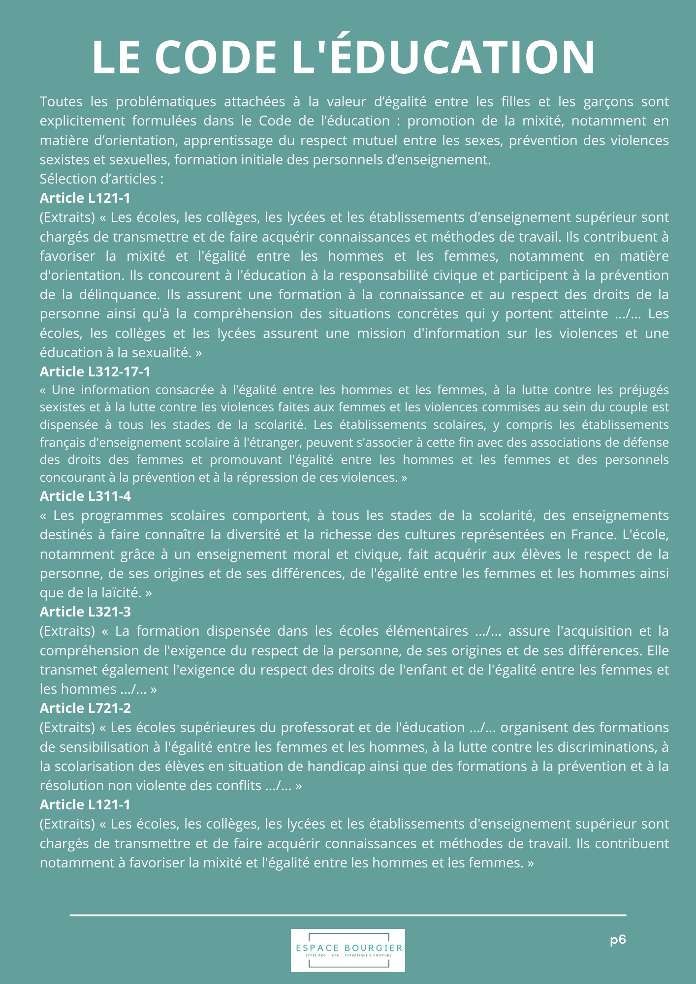 Affiche turquoise titrée Le Code d’Éducation avec plusieurs paragraphes de texte blanc.