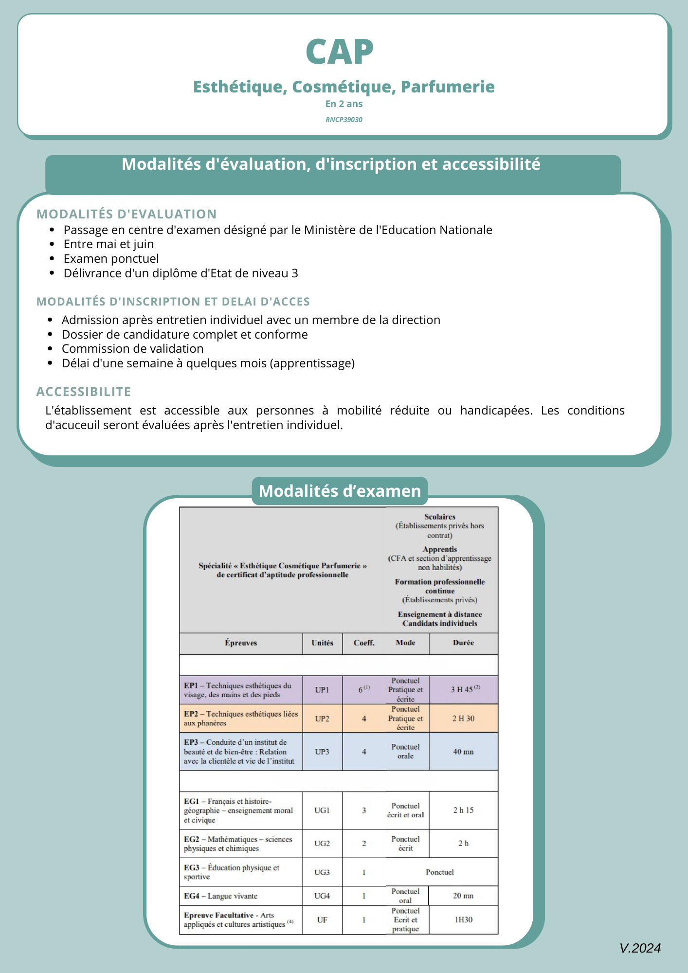 Affiche CAP turquoise avec un titre blanc et un tableau des horaires des cours et des activités.