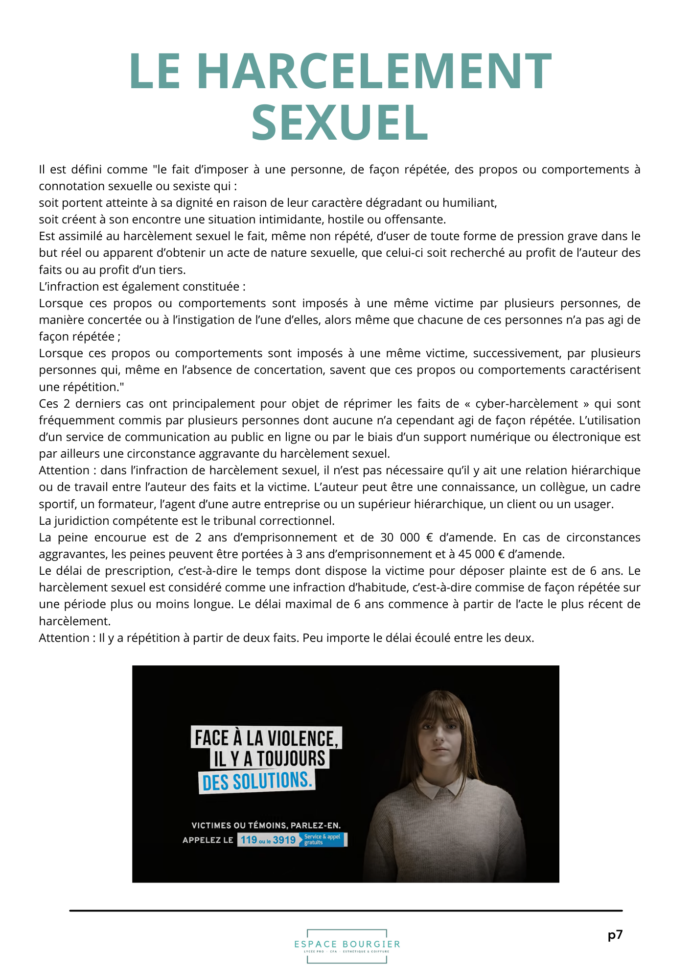 Affiche en français sur le harcèlement sexuel avec texte explicatif et photo d’une femme en bas de page