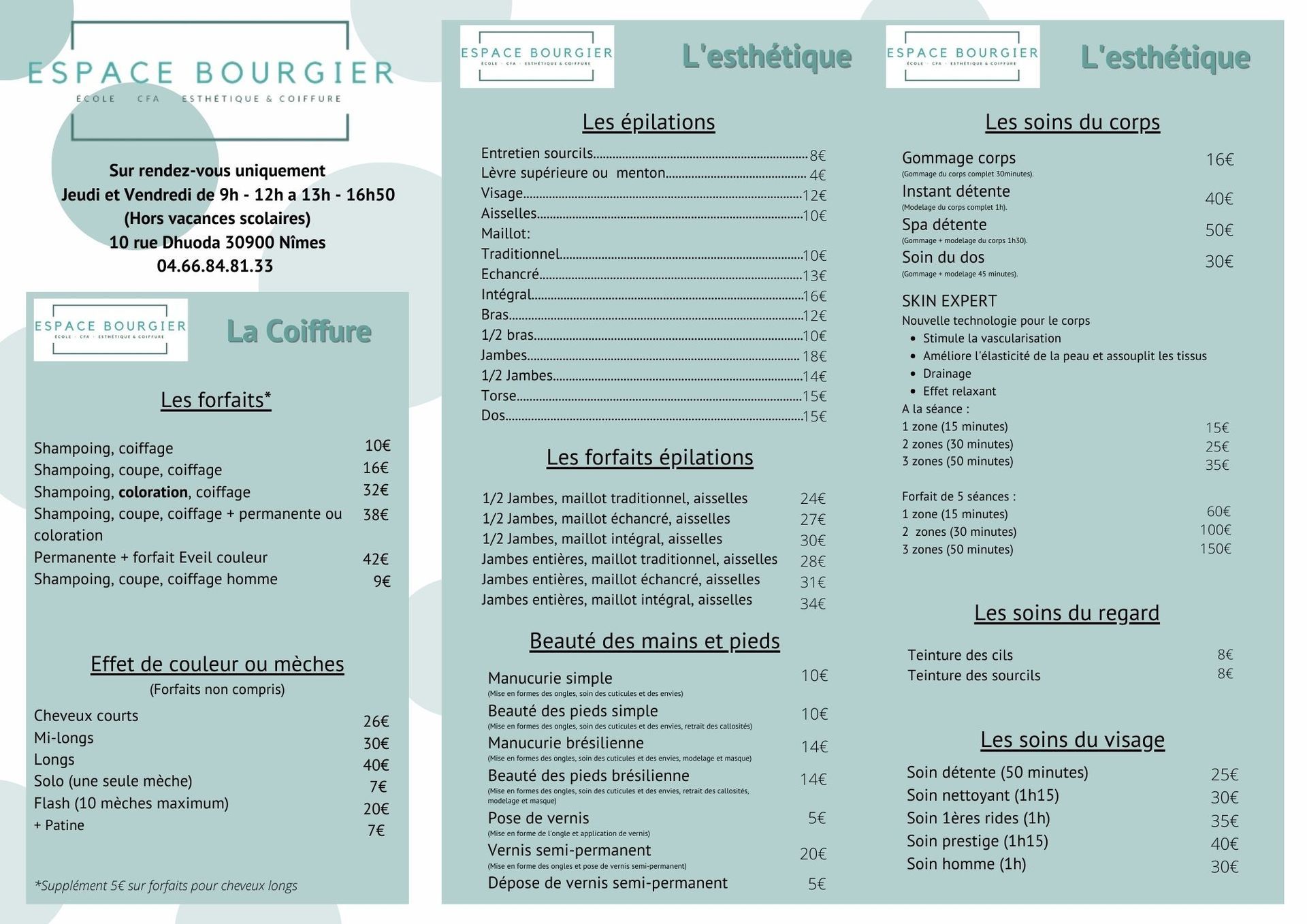 Pages de menus de restaurant turquoise avec texte français et prix présentés en trois colonnes