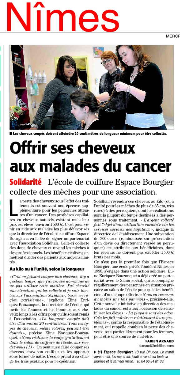 Une du journal de Nîmes consacrée aux artistes soutenant les malades du cancer, avec la photo de trois personnes autour d'un enfant