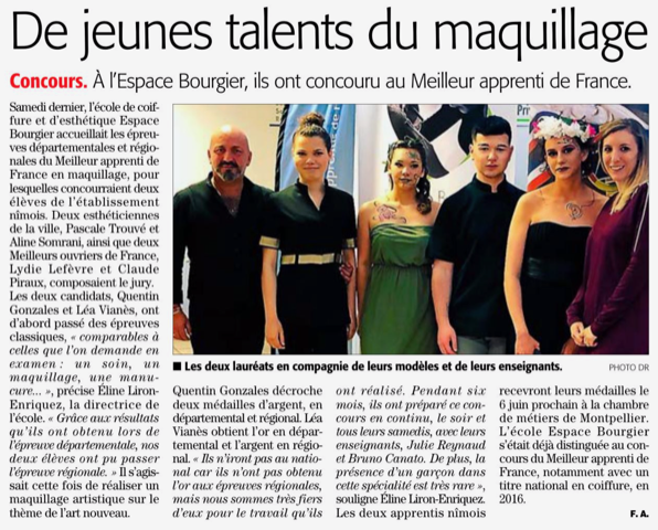 Une page de journal sur de jeunes talents du maquillage, avec cinq modèles posant en ligne.