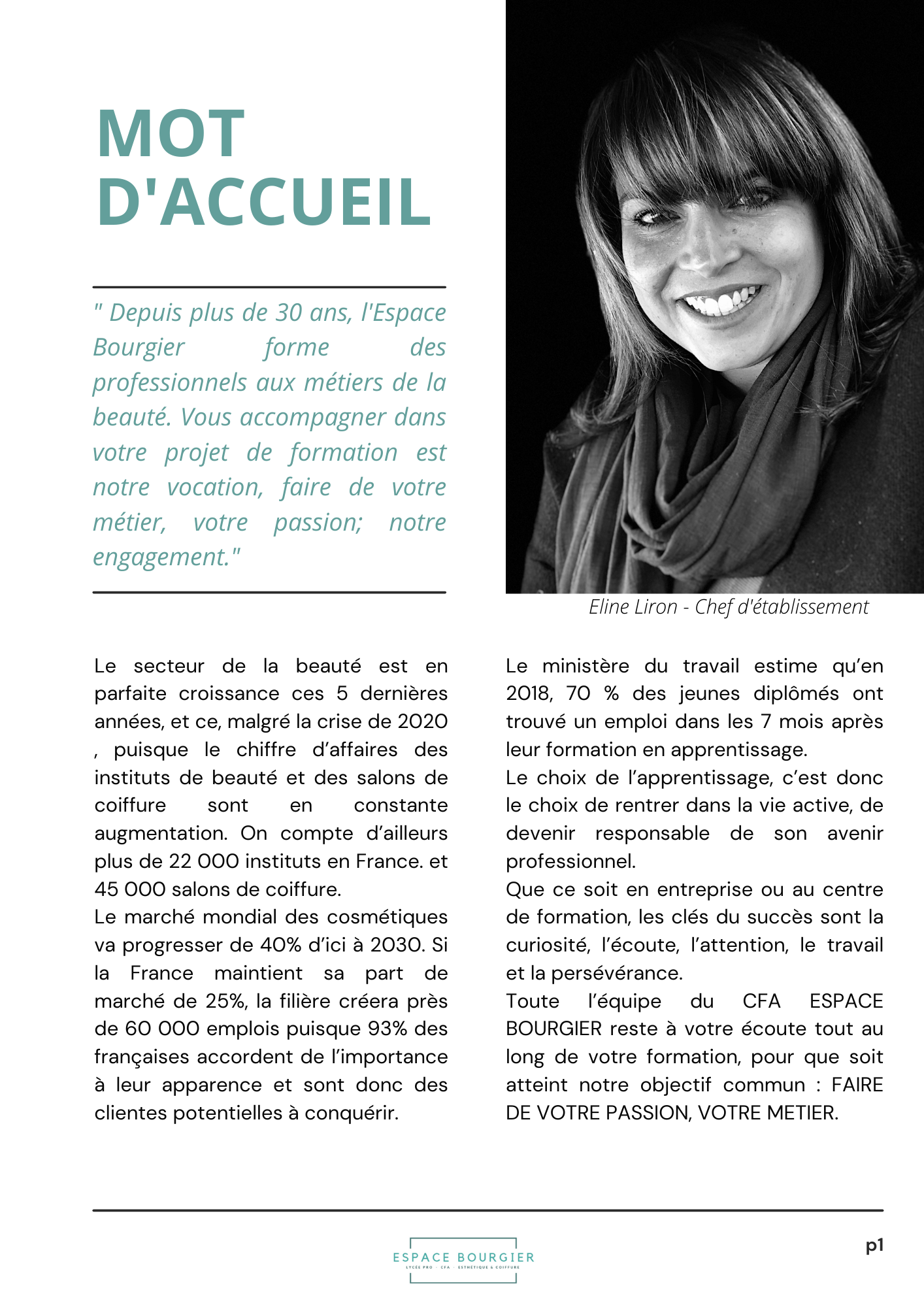 Page de magazine intitulée Mot d'accueil avec un portrait souriant et des colonnes de texte en français.