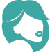 Icône de profil turquoise représentant le visage d'une femme aux cheveux longs et flottants, sur fond blanc.