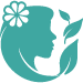 Logo turquoise représentant le profil d'une femme avec des feuilles et une fleur dans un cercle blanc