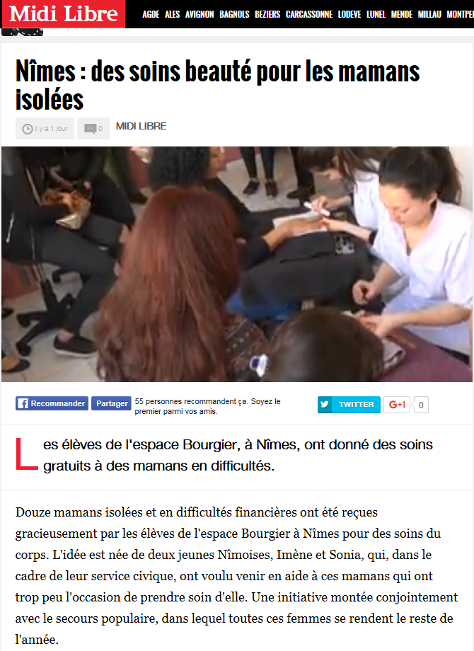 Article de Midi Libre sur des soins de beauté pour mamans isolées, avec photo d’un soin en salon