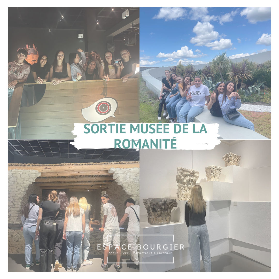 Collage of museum outing photos with group shots and the text “Sortie musée de la Romanité”