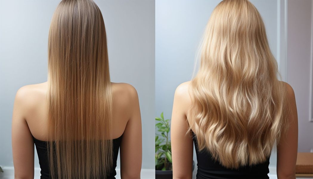 Blondes Haar vor und nach dem Styling. Links glattes, hellbraunes Haar, rechts gewelltes, goldblondes Haar.