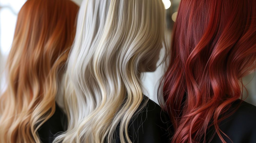 Drei Frauen mit welligem, gefärbtem Haar: orange, platinblond und rot.
