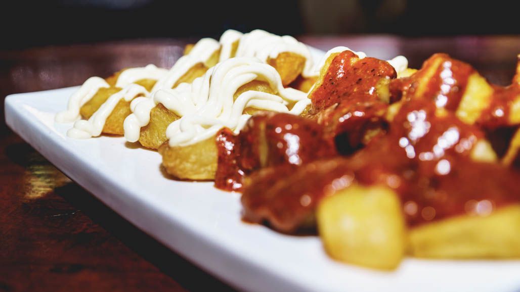 Un plato blanco cubierto con papas fritas cubiertas con salsa y mayonesa.
