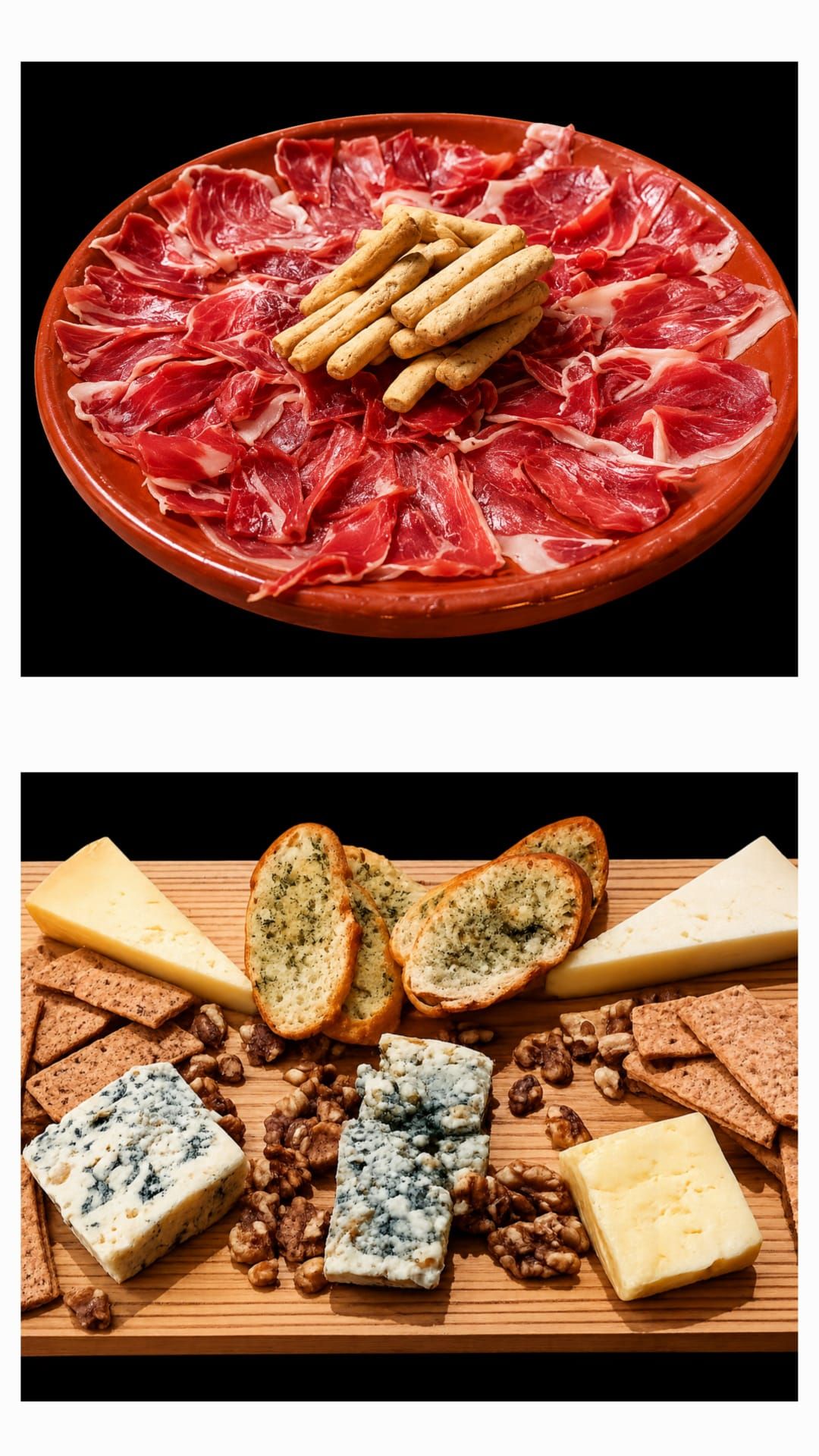 Surtido de quesos, galletas saladas y nueces sobre una tabla de madera.
