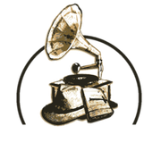 Un dibujo de un fonógrafo antiguo con un disco en él.