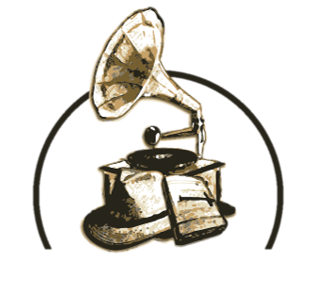 Un dibujo de un fonógrafo antiguo con un disco en él.