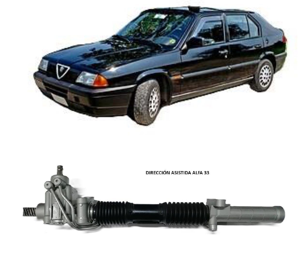 Una imagen de un automóvil y una imagen de una cremallera de dirección.