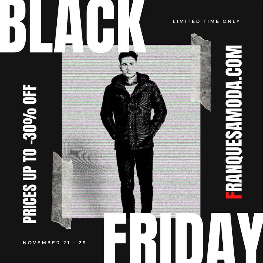 Cartell promocional de Black Friday amb una model, el text «Fins a un 30% de descompte» i Frankiesmoda.com.