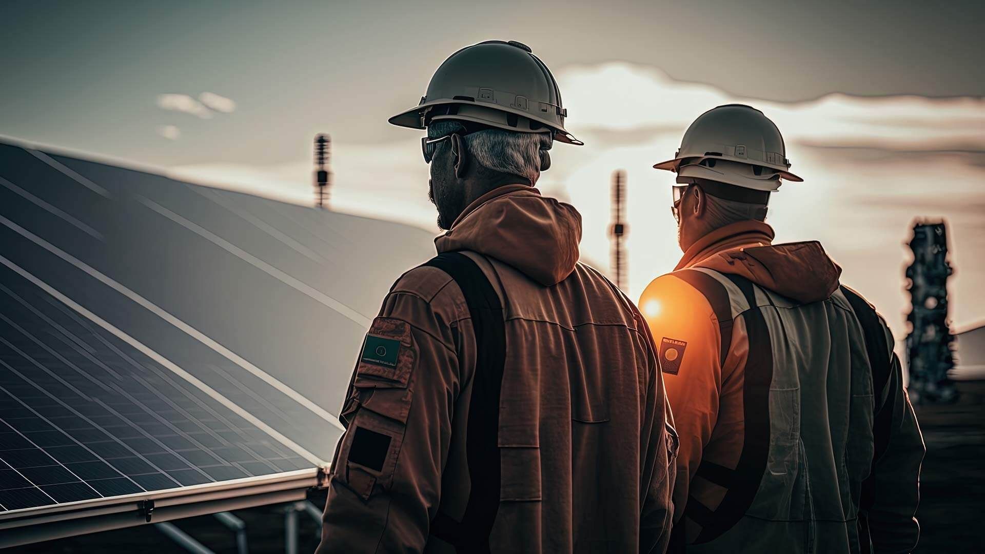 Deux hommes en habits de chantier face à des panneaux solaires