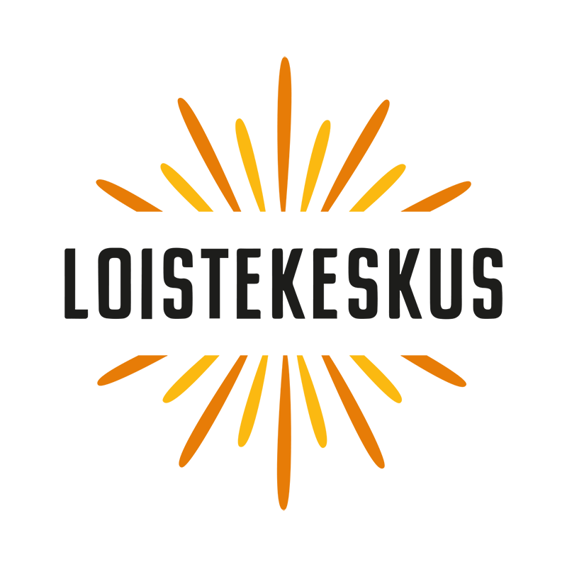 Loistekeskuksen logo mustalla tekstillä ja oransseilla auringonsäteillä valkoisella taustalla