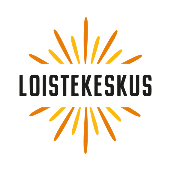 Loistekeskuksen logo mustalla tekstillä ja oransseilla auringonsäteillä valkoisella taustalla