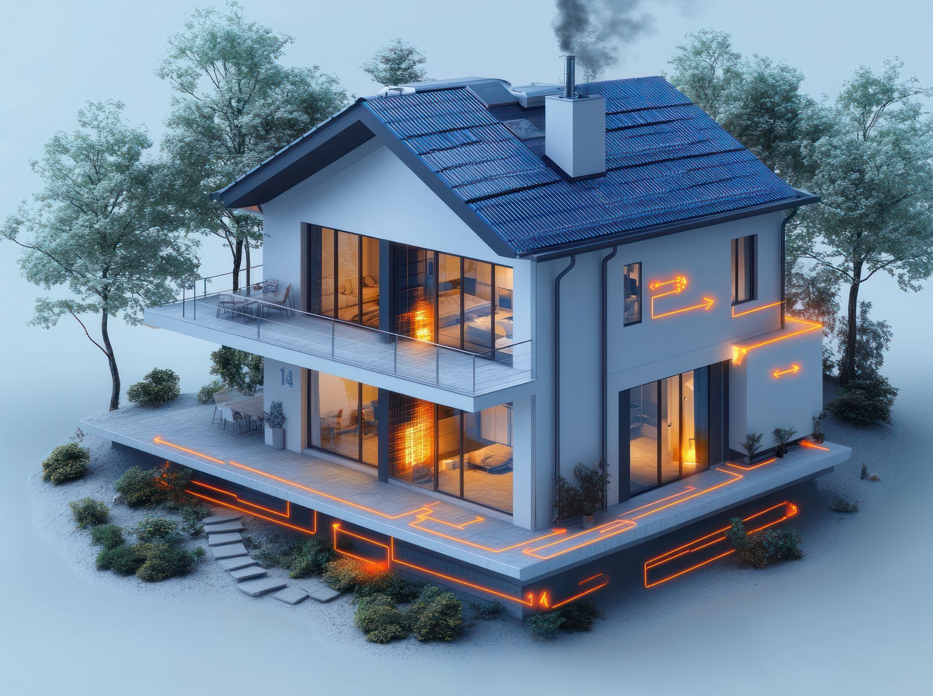 Maison moderne équipée de panneaux solaires, de fenêtres éclairées et d'indicateurs de flux d'énergie. De la fumée s'échappe de la cheminée.
