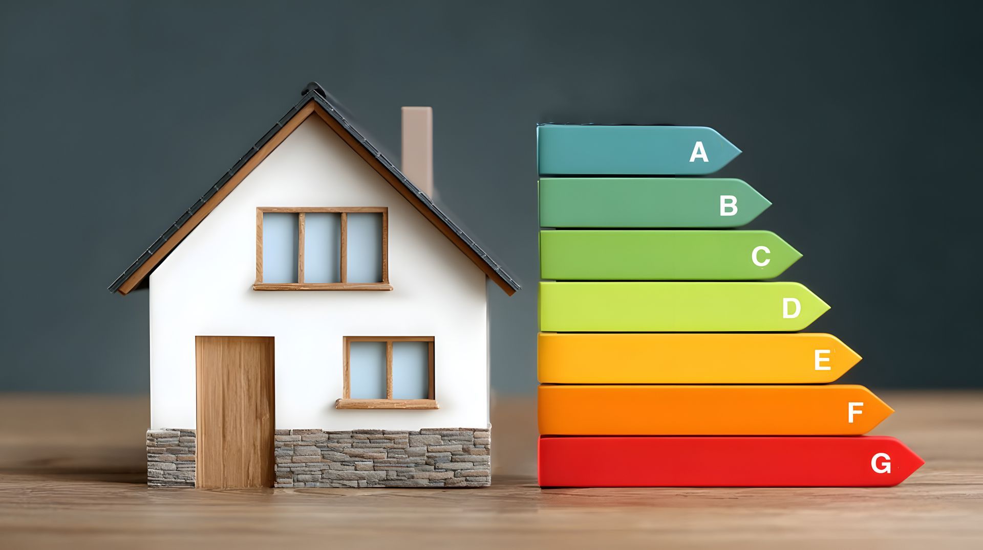 Maison modèle à côté d'un tableau de notation énergétique, allant de A à G.