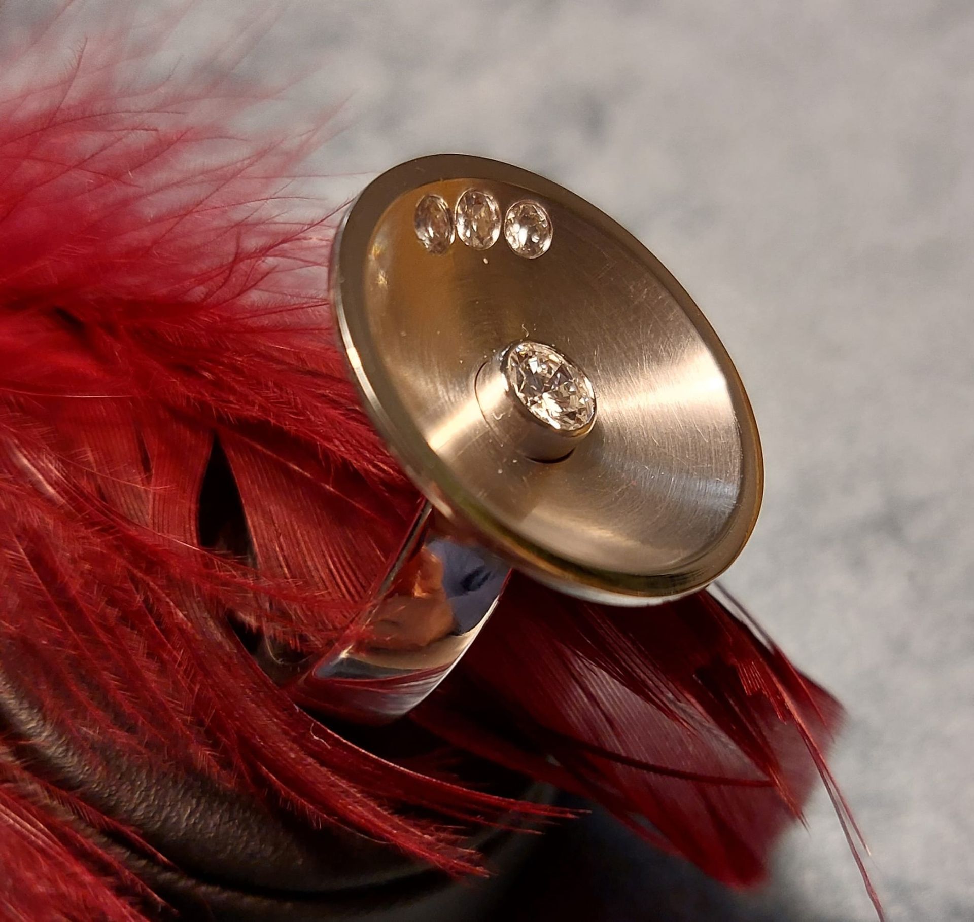 Silberring mit einer großen, runden Fläche aus gebürstetem Metall, besetzt mit Diamanten auf roten Federn.