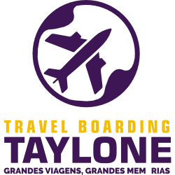 Um logotipo roxo e amarelo para viagens embarcando em Taylone