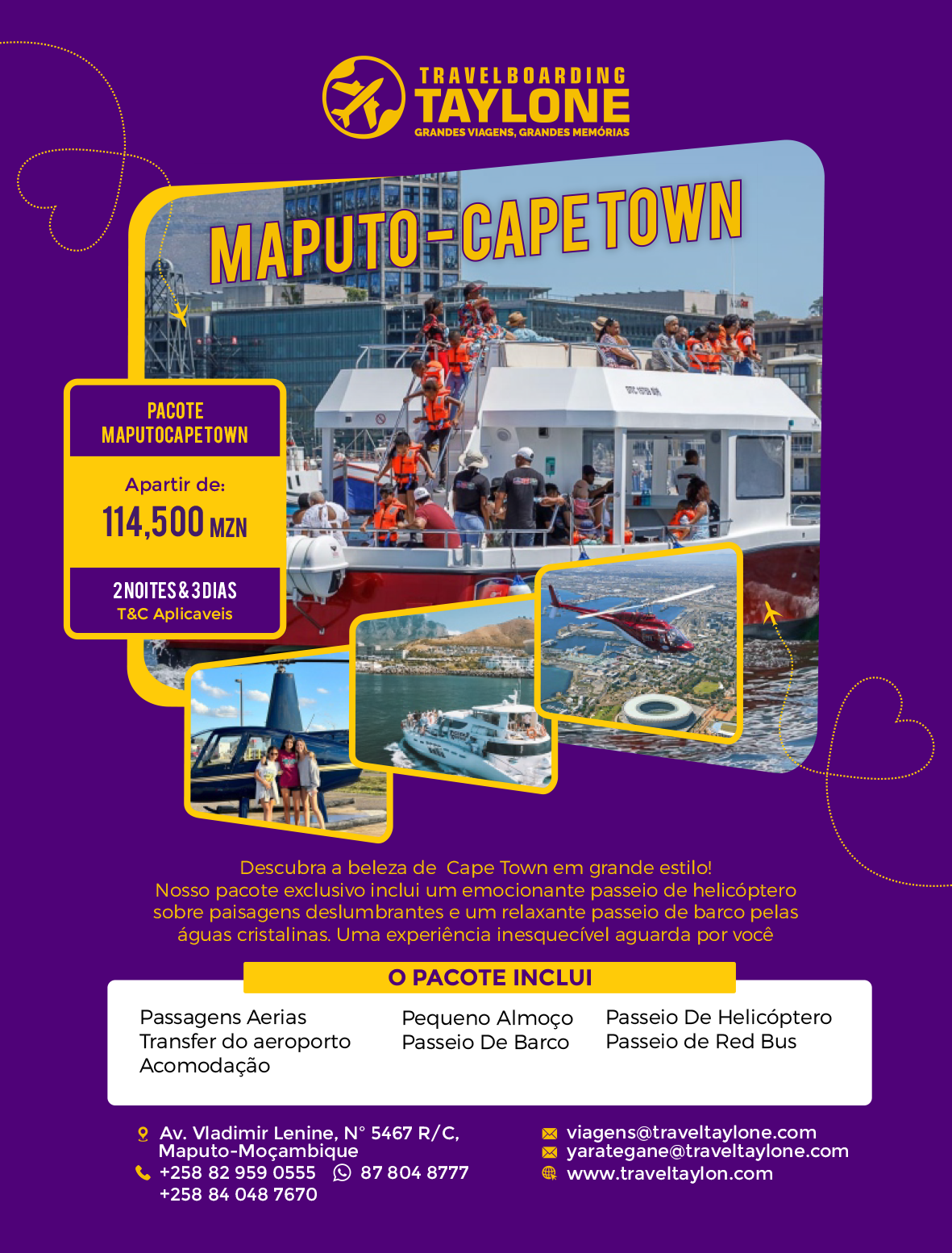 A purple poster with a boat and people on it.