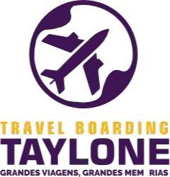 Um logotipo roxo e amarelo para viagens embarcando em Taylone