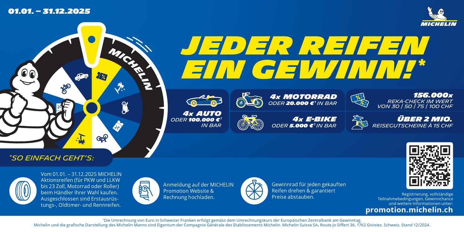 A blue sign that says jeder reifen ein gewinn