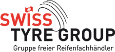 The swiss tyre group logo is red and black and says gruppe freier reifenfachhändler.