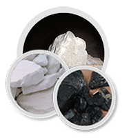 Tres recuadros circulares que muestran rocas minerales blancas, negras y grises o muestras de carbón.