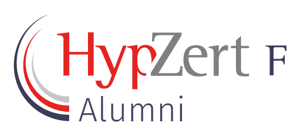 Das Logo für hypzert f Alumni ist rot, weiß und blau