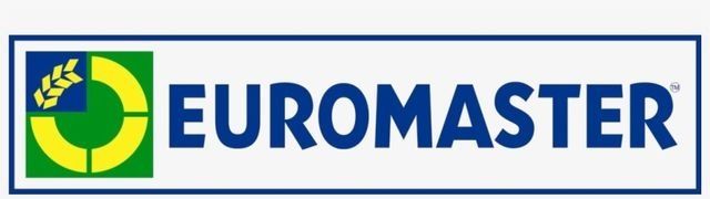 Un logotipo de Euromaster azul y amarillo con un símbolo de trigo