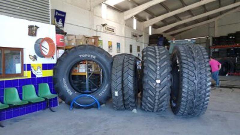 Una fila de neumáticos están alineados en un almacén.