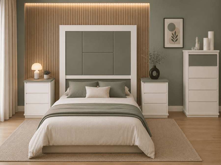 Sillón curvo blanco con base de madera en un acogedor dormitorio junto a la cama y la mesita de noche.