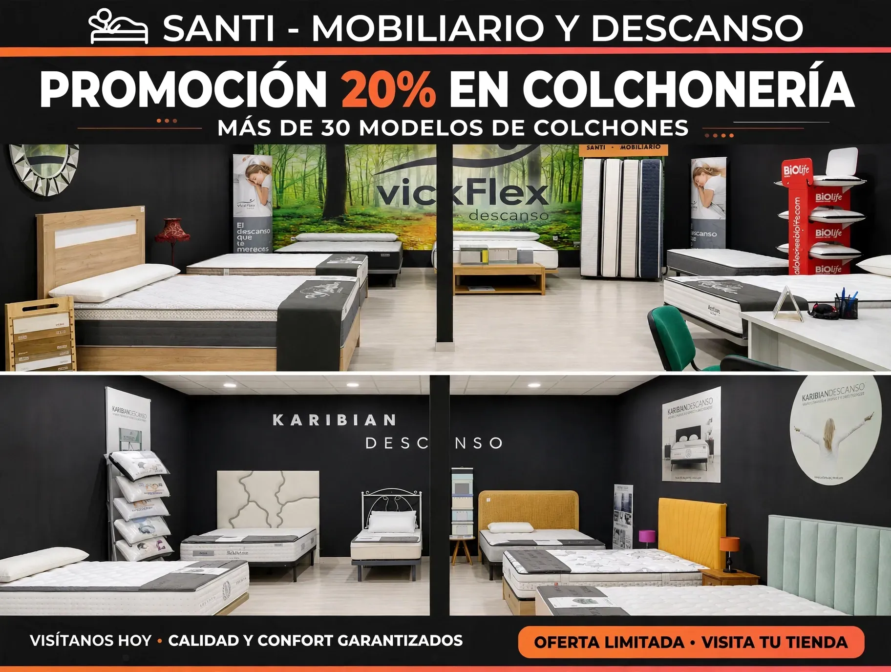 Una cama con un colchón y almohadas encima en un dormitorio.