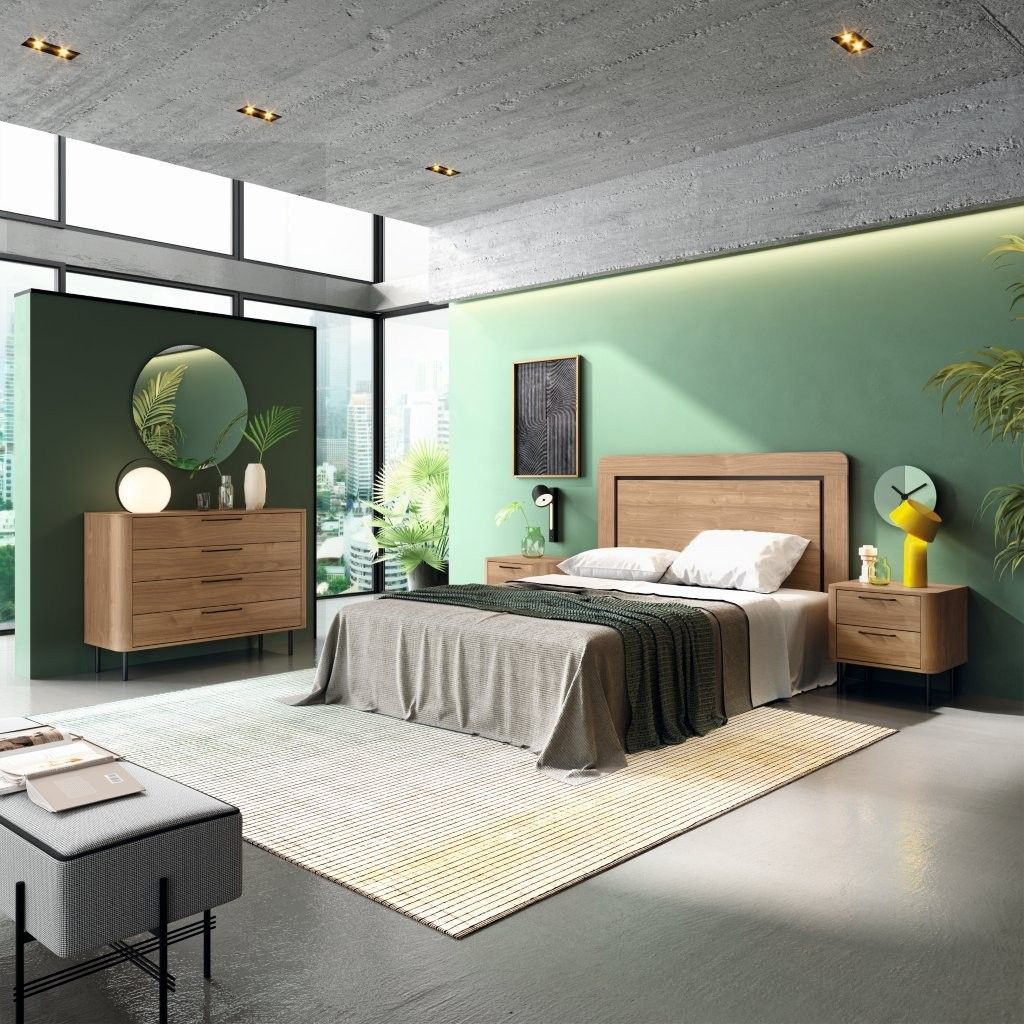 Dormitorio moderno con cama de madera, pared verde menta, alfombra gris y muebles de mediados de siglo junto a una gran ventana.