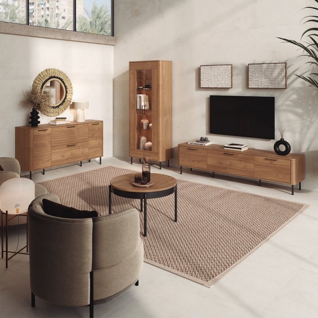 Sala de estar moderna con muebles de madera, silla redonda, mueble para TV y alfombra tejida en un espacio luminoso y minimalista.