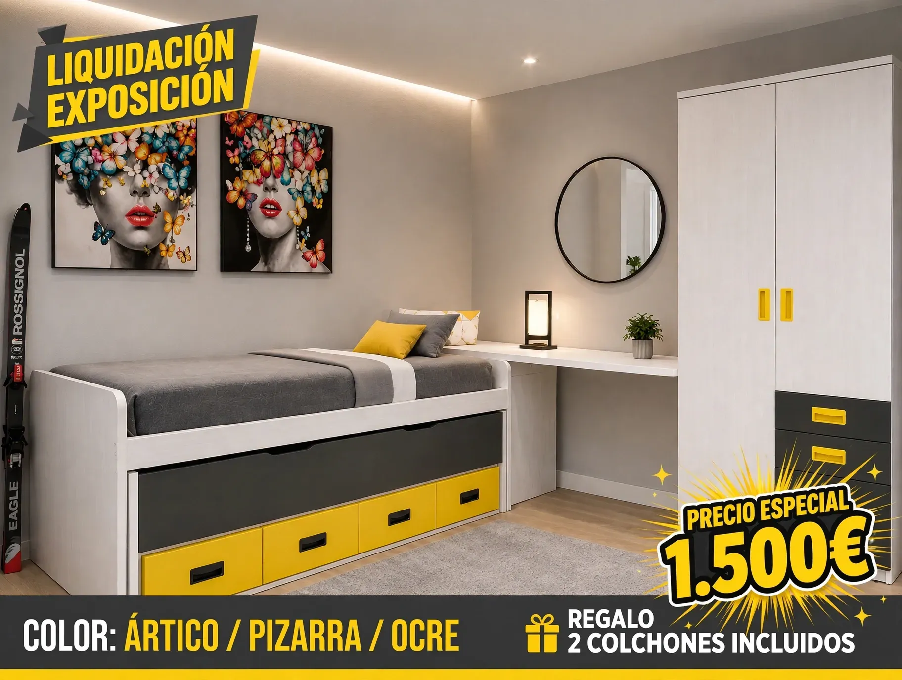 Sillón curvo blanco con base de madera en un acogedor dormitorio junto a la cama y la mesita de noche.