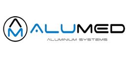 El logotipo de los sistemas de aluminio malumed es azul y negro.