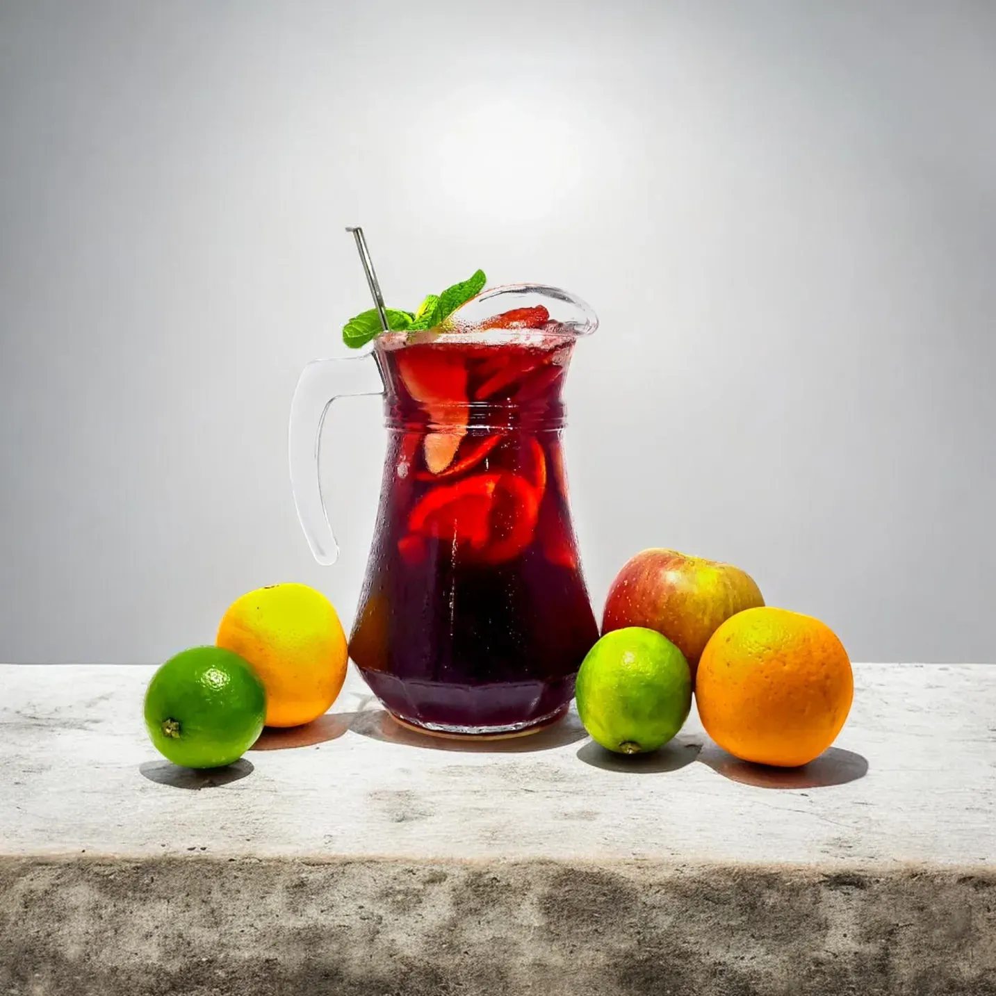 Una jarra de cristal con sangría de color rojo oscuro, rodajas de fruta y menta, reposa sobre una superficie de piedra entre naranjas, limas y una manzana.
