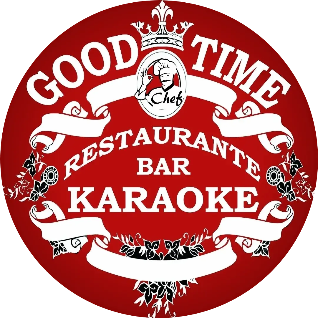 Logotipo circular rojo de "Good Time Restaurante Bar Karaoke" con un icono de chef y una corona.