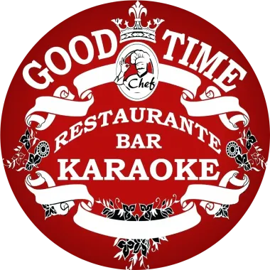Logotipo circular rojo de "Good Time Restaurante Bar Karaoke" con un icono de chef y una corona.