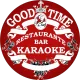 Logotipo circular rojo de "Good Time Restaurante Bar Karaoke" con un icono de chef y una corona.