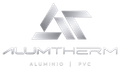 Logotipo de Alumtherm con una marca geom&eacute;trica plateada estilizada y el texto &ldquo;ALUMTHERM&rdquo; y &ldquo;ALUMINIO | PVC&rdquo;.