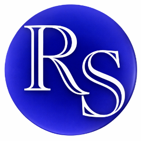 Letras blancas estilizadas "RS" sobre un fondo circular de color azul vibrante.