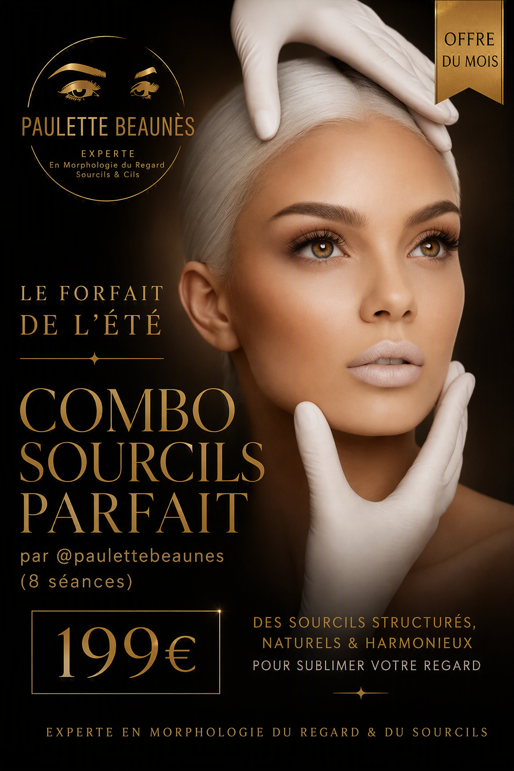 Publicité pour un duo sourcils et cils, avec un mannequin et un texte doré sur fond noir, au prix de 199 €.