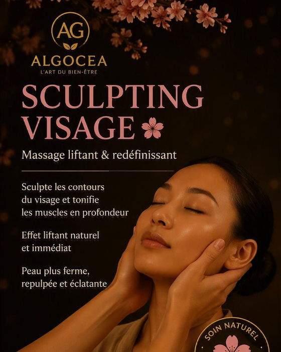 Affiche KOBIDO d’Algocea, soin japonais anti-âge, avec femme en massage facial sur fond sombre.